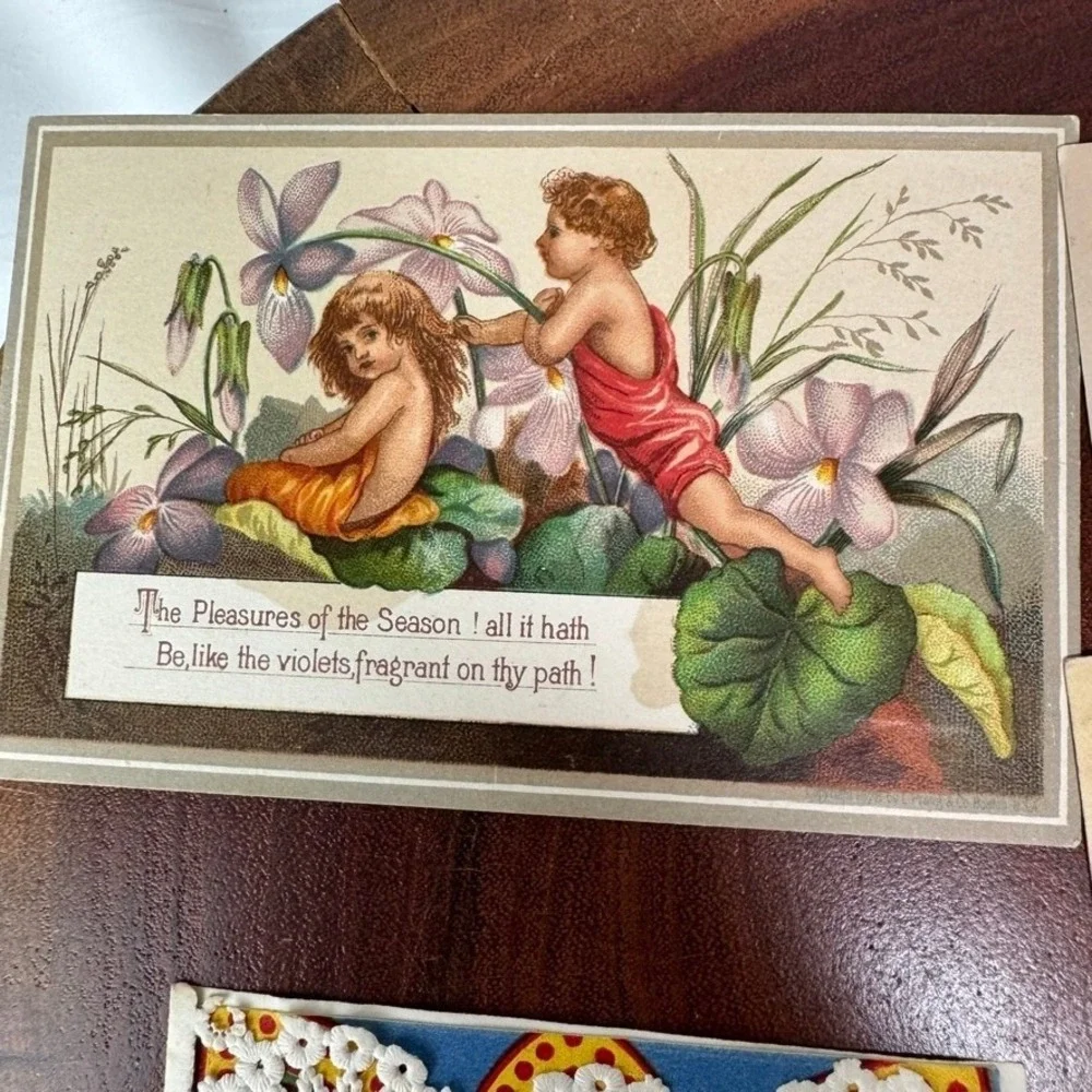 Antique Victorian Cards Ephemera L Prang Co Chromolithograph Floral Cherub 1880s